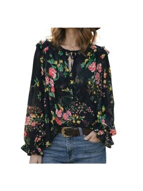 Cabi Thespian Blouse Small Sheer Floral Button Neck Long Sleeve Black Whimsigoth